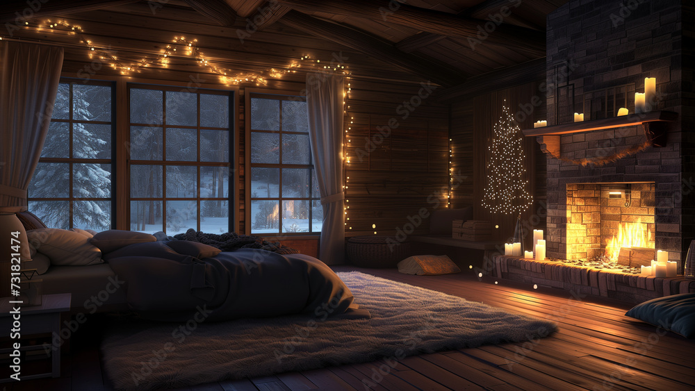 Rustic Retreat: Nighttime in a Modern Cabin Bedroom with Fireplace