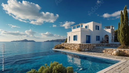 Large Greek-style house directly on the blue sea, with blue-colored wooden doors and windows © fotonaturali