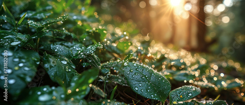 A close-up of rain-drenched leaves glistening in the dawn light