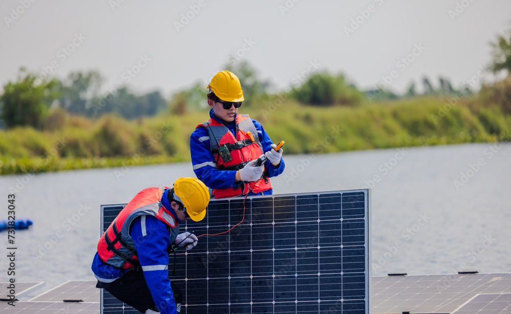 Technicians check floating solar farm wiring, polarity, and grounding for reliability and safety Technicians check floating solar farm wiring, polarity, and grounding for reliability and safety