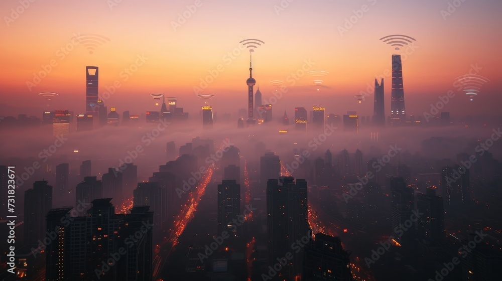 Fototapeta premium Skyscraper Symphony: Wireless Signs in the Urban Skyline