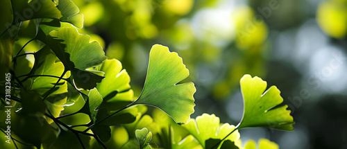 Dew-laden Ginkgo Biloba leaves glistening in the gentle sunlight