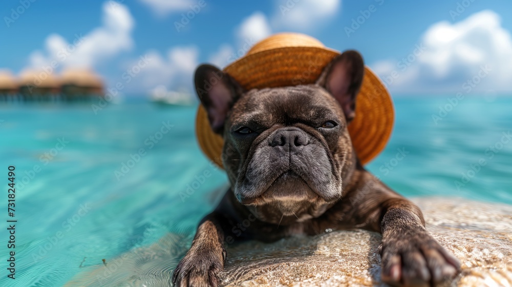 french bulldog wearing a hat on the beach