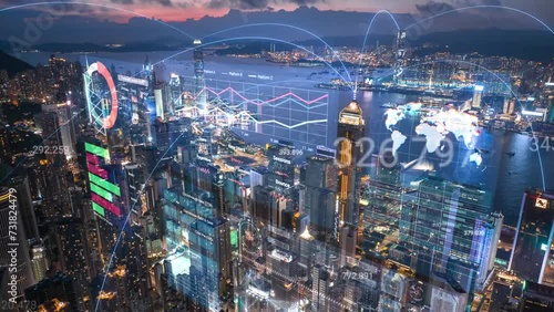 Timelapse of Hong Kong city skyline double exposure with Business data Analytics dashboard Technology, Futuristic Design for financial technology and business concepts photo