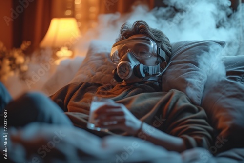 guy wearing oxygen mask in bedroom