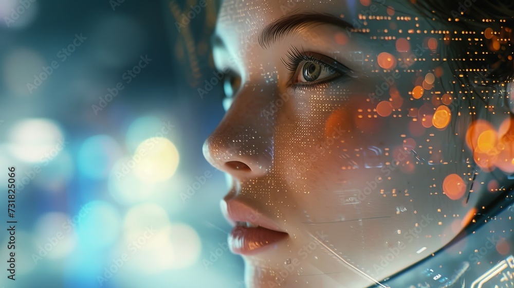 The enigmatic visage of a woman within a high-tech virtual environment The enigmatic visage of a woman within a high-tech virtual environment