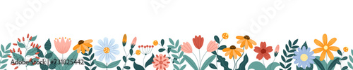 Horizontal seamless banner, floral spring background decorated with multicolored blooming flowers and border of leaves. Spring botanical vector illustration on a white background with open space