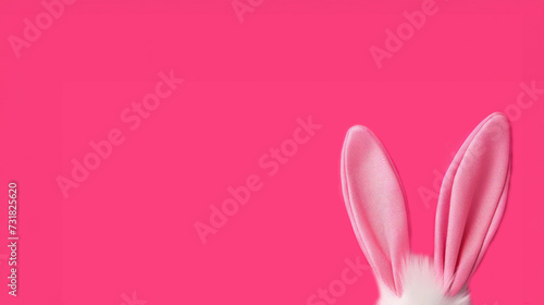 Easter greeting card. White bunny ears on pink background, copy space