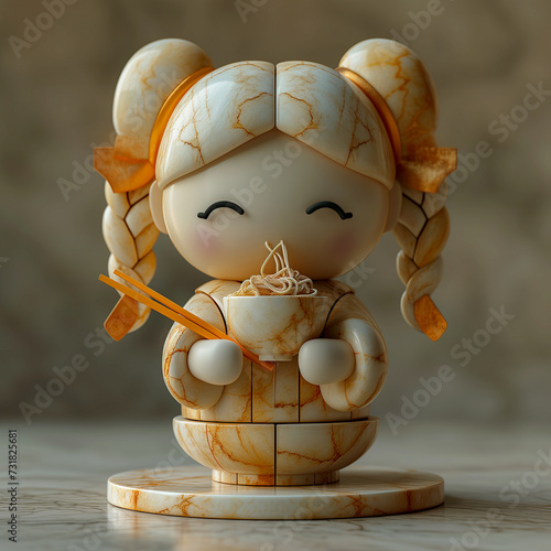 chunky marble sculpture of a girl eating ramen with chopsticks