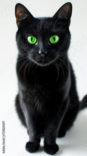 Black cat with luminous green eyes standing out against a bright white background, high contrast setting to highlight the sleek fur and mysterious aura
