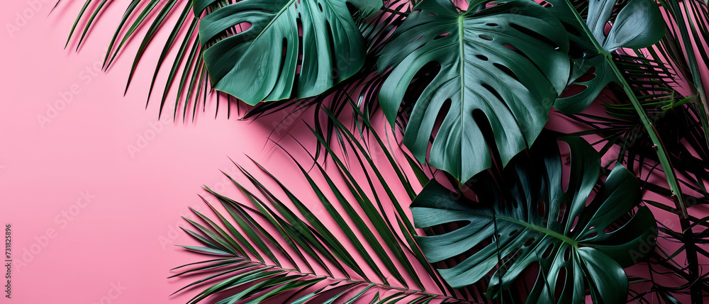 Fototapeta premium Lush green tropical leaves casting shadows on a pink background, showcasing natural patterns