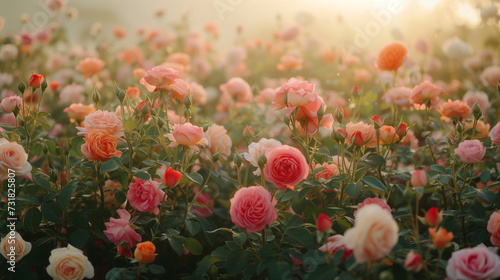 Field of blooming roses in vibrant colors, wide shot capturing the beauty and abundance of the flowers