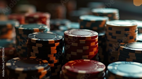 Detailed Image of Casino Poker Chips Piled Up with Shiny Surface Reflections © AounMuhammad