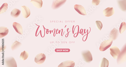 Modern Women's Day banner with petals falling. Vector illustration.