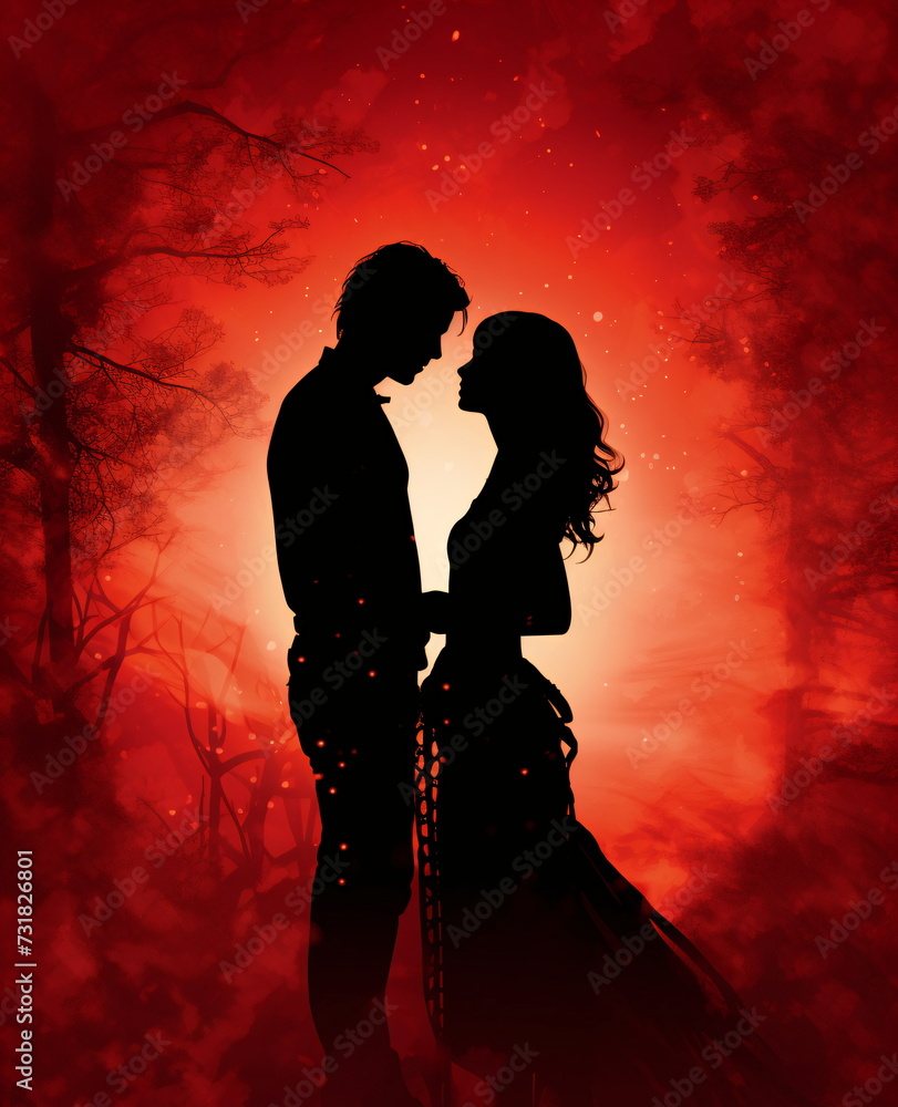 Romantic Silhouette of Couple Against Red Sky Love and Passion Illustrated with Two Silhouetted Figures
