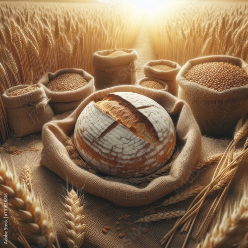 A loaf of bread sitting in a sea of wheat and harvest of hessian bags filled with wheat 