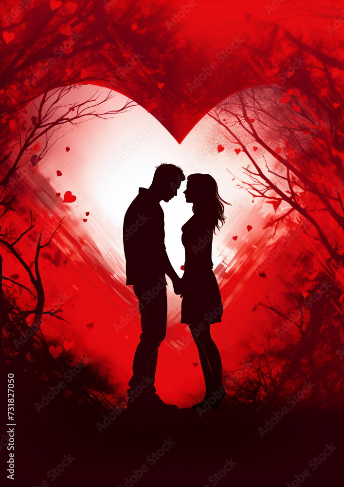 Romantic Silhouette of Couple Against a Heart Shape, Love and Nature: A Beautiful Combination, Black, Red, White