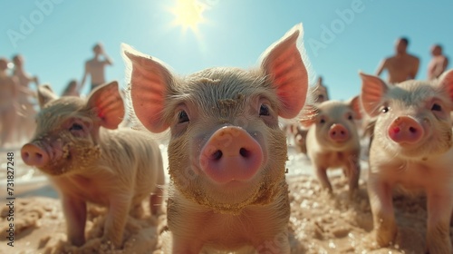 funny piglets on the beach