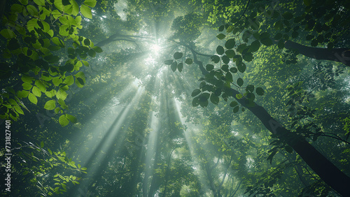 Sunlit Whispers: A Surreal Dance of Light and Mist in the Forest Canopy