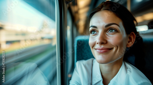 Happy young woman looking out the train window © PETR BABKIN