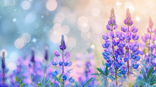 Luminous blue lupine flowers blooming on a dreamy bokeh background with copy space, perfect for spring or nature-themed designs