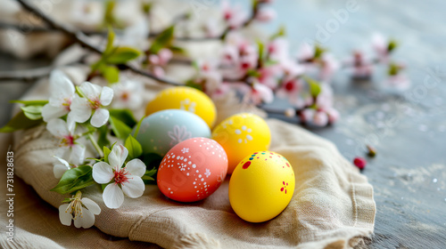 Easter eggs in pastel colors and flowers on linen fabric.