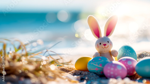 a plush bunny sits on a sandy beach surrounded by colorful Easter eggs photo