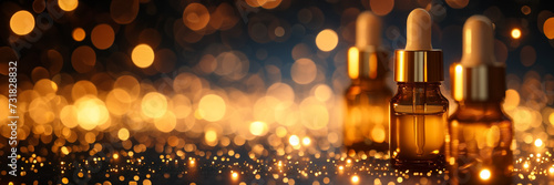 Luxury skincare dropper bottles with golden caps on a sparkling bokeh background, ideal for beauty product advertising with space for text on the right