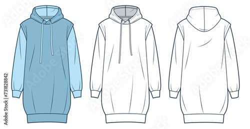  Long Hoodie Sweatshirt technical fashion illustration. Hooded mini Dress fashion flat technical drawing template, relaxed fit, front and back view, white, grey, women, men, unisex CAD mockup set.
