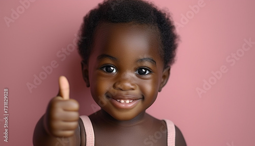 African toddler giving a thumbs up against a pink background, radiating positivity and cute gestures