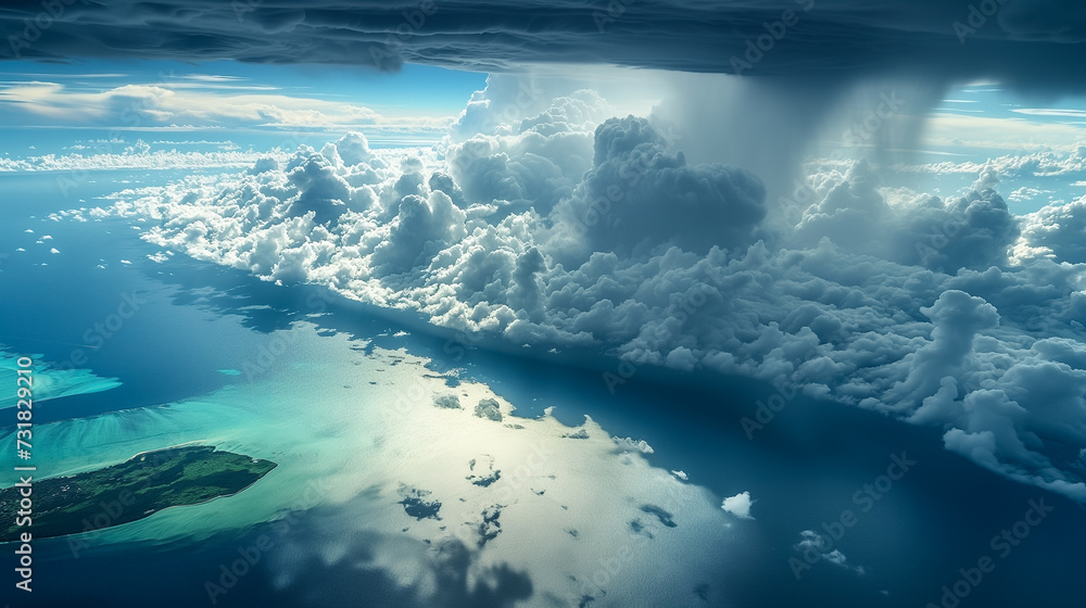 Aerial view of a tranquil ocean with scattered islands, dramatic clouds overhead, and sunlight streaming through, ideal for travel or nature-themed backgrounds with ample space for text