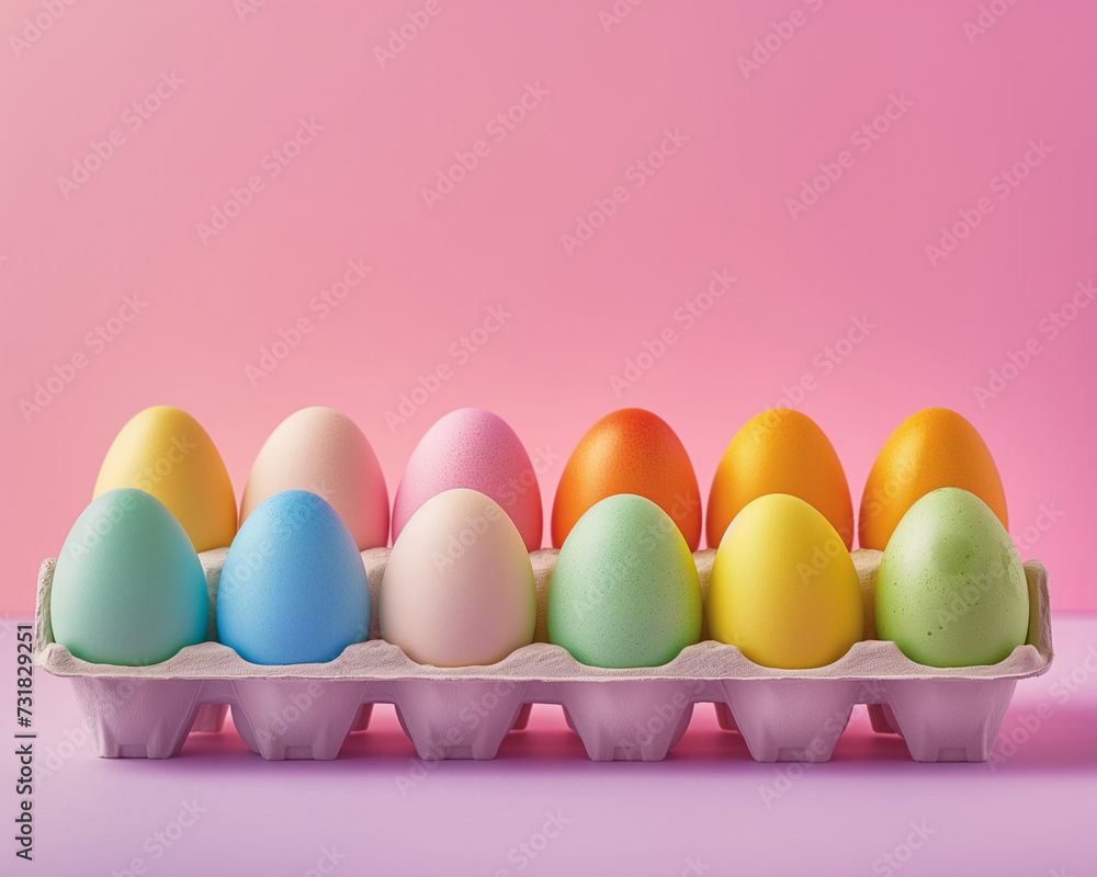 A carton of Easter eggs displayed against a pink background A carton of Easter eggs displayed against a pink background