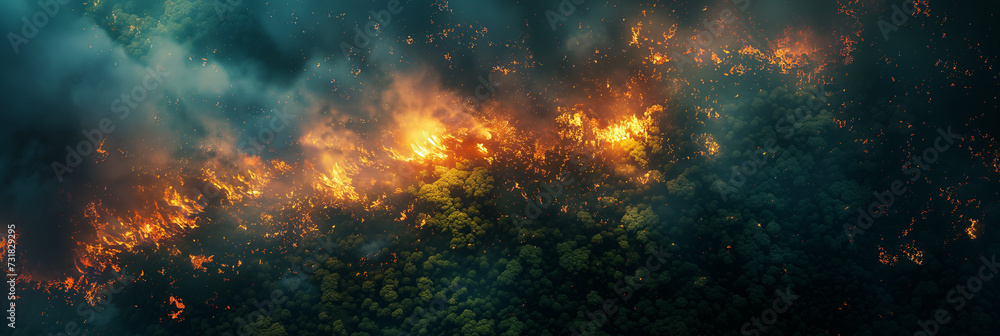Aerial view of a devastating forest fire at dusk, highlighting environmental issues and the concept of climate change