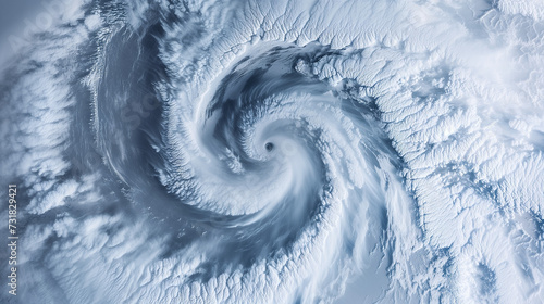 Aerial view of a powerful cyclonic storm pattern with swirling clouds over a polar region, suitable for environmental and weather-related concepts with space for text photo