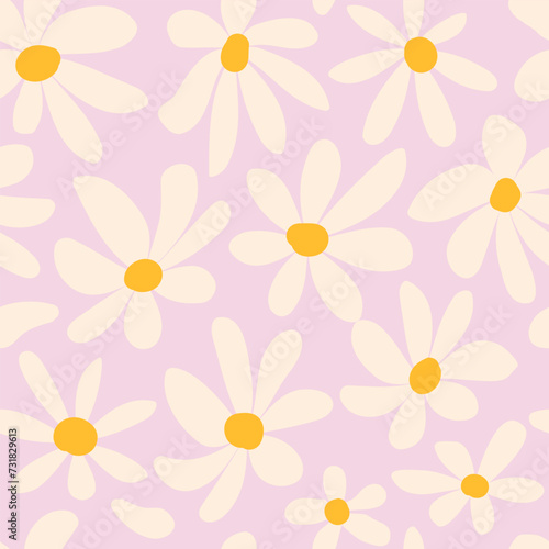 Pink groovy seamless pattern with distorted abstract daisy flowers. Fashionable background in 00s, 90s, y2k style. Flat vector illustration