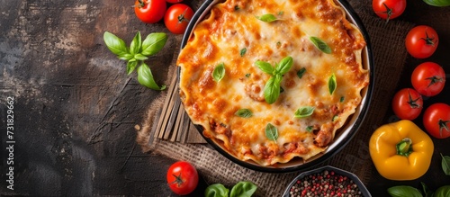 Top view of a traditional Italian lasagna with veggies, minced meat, and cheese, with copy space.