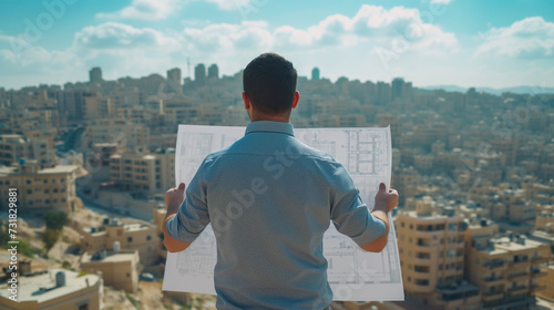 Young male architect holding blueprints with an expansive cityscape background, conceptual image of urban planning and development, with copy space