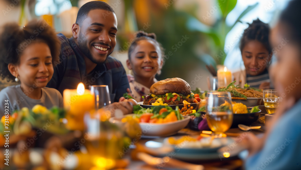 A joyful snapshot of families enjoying a communal meal, emphasizing the importance of shared traditions A joyful snapshot of families enjoying a communal meal, emphasizing the importance of shared traditions