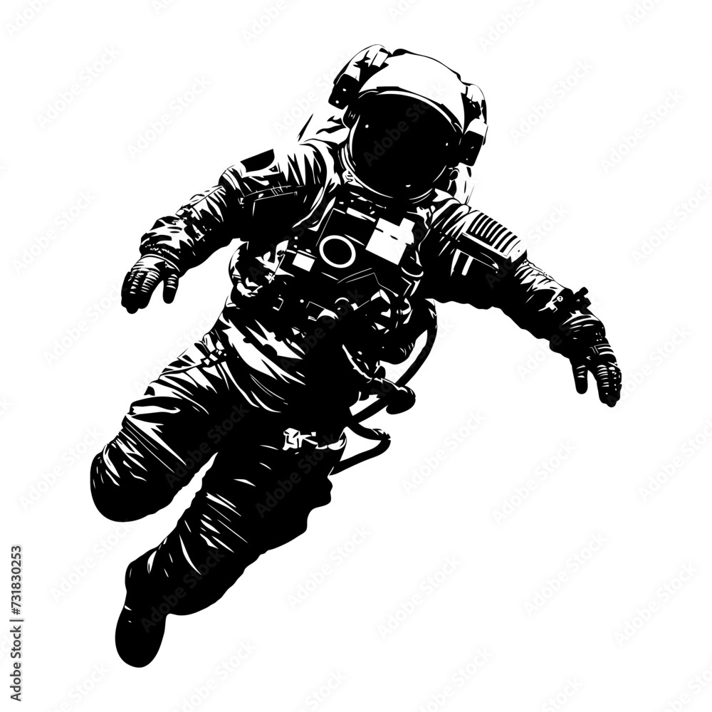 Silhouette astronaut floating in space black color only full body