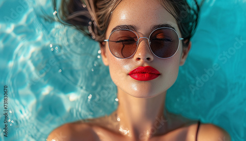 photography of a beautiful brunette woman wearing red lipstick and sunglasses, floating in a pool filled with bright blue water, top view photography
