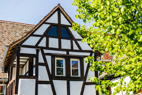 Altes Fachwerk Haus in Deutschland mit Baum in der Sonne, sonnig