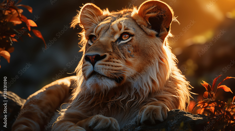 Close Up of a Lion Laying on a Rock. Generative AI. Close Up of a Lion Laying on a Rock. Generative AI.