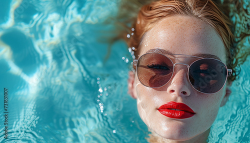 photography of a beautiful ginger woman wearing red lipstick and sunglasses, floating in a pool filled with bright blue water, top view photography