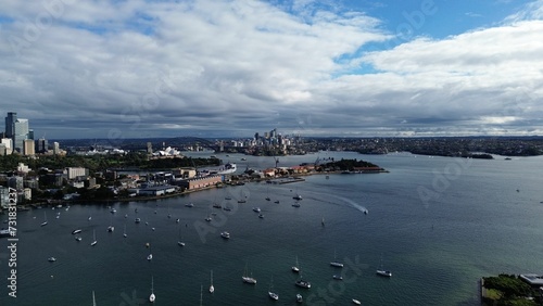 Stunning aerial view of Rushcutters Bay in Australia, featuring a cloudy sky overhead.