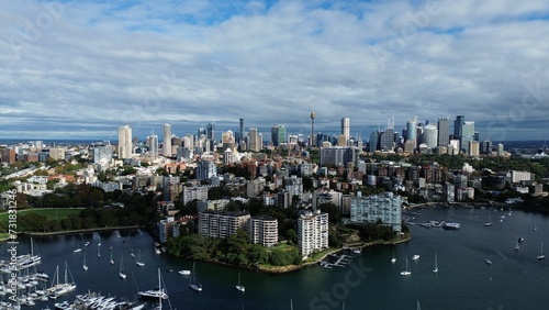 Stunning aerial view of Rushcutters Bay in Australia, featuring a cloudy sky overhead.