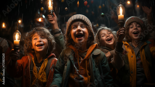 Group of Children Singing in the Rain. Generative AI