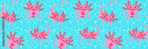Pink axolotl seamless pattern with textured water surface design. Hand drawn funny animal vector illustration, print design. Turquoise water ripple background.