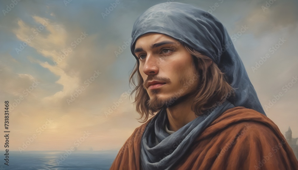 Medieval young pirate captan in bandana dreamy looking to horizon. RPG character portrait Medieval young pirate captan in bandana dreamy looking to horizon. RPG character portrait