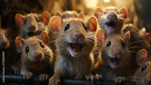Group of Happiness Mice With Open Mouths. Generative AI.