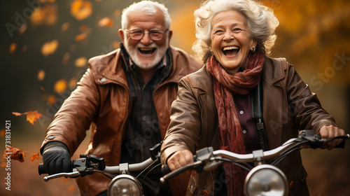 Happy Activity for Old Man and Woman Riding on the Bikes. Generative AI.